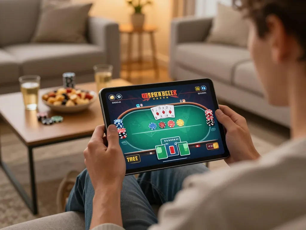 Engaged player using tx88 poker app on tablet in a cozy home environment.