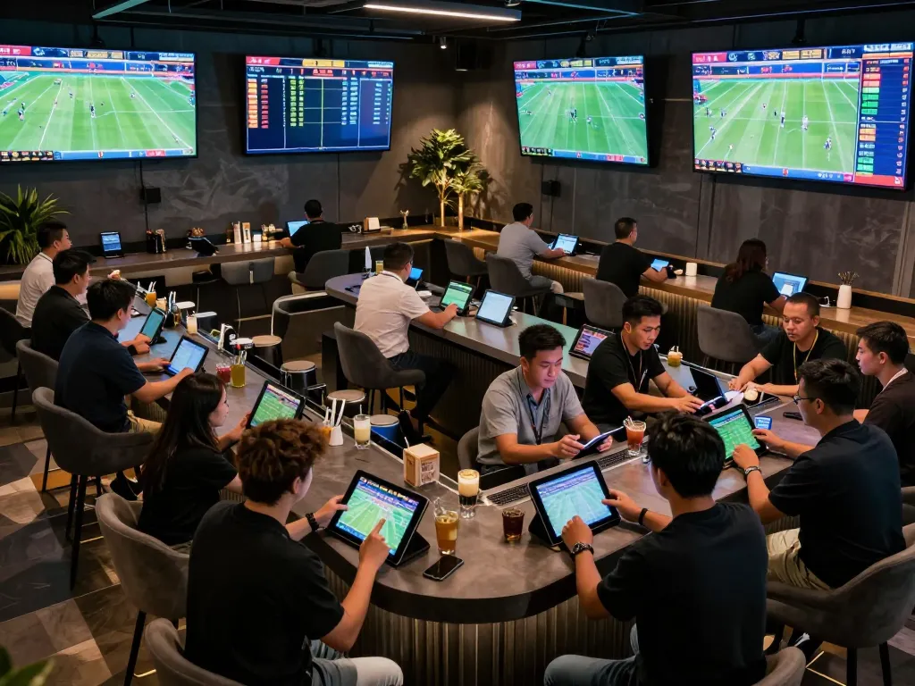 Engaging scene of sports enthusiasts participating in 7meter Parlay betting while analyzing live odds