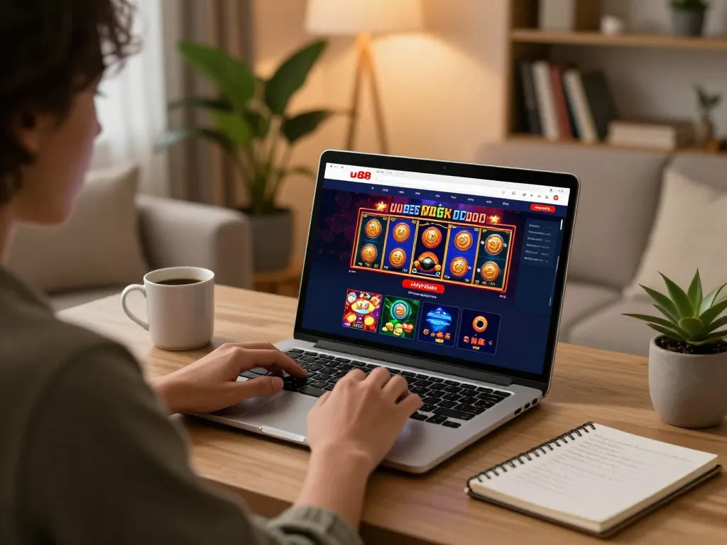 Engaging with the uu88 casino interface from a comfortable home setup, highlighting responsible gambling.