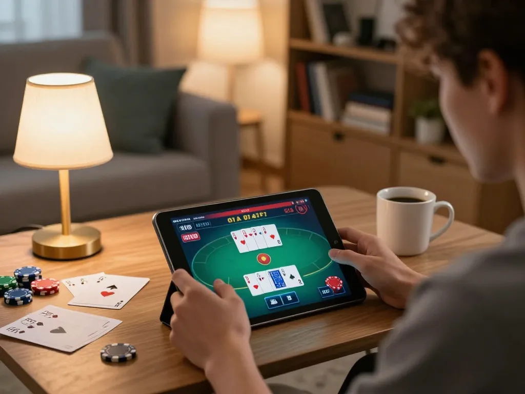 Engaging online casino scene showcasing 地址모음 gameplay on a tablet in a cozy setting, emphasizing strategic betting.