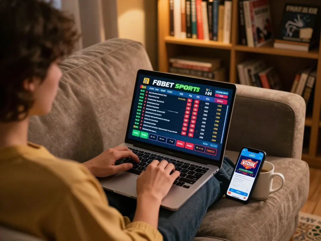 Experience F8BET sports betting from home on a cozy sofa with a laptop and smartphone.