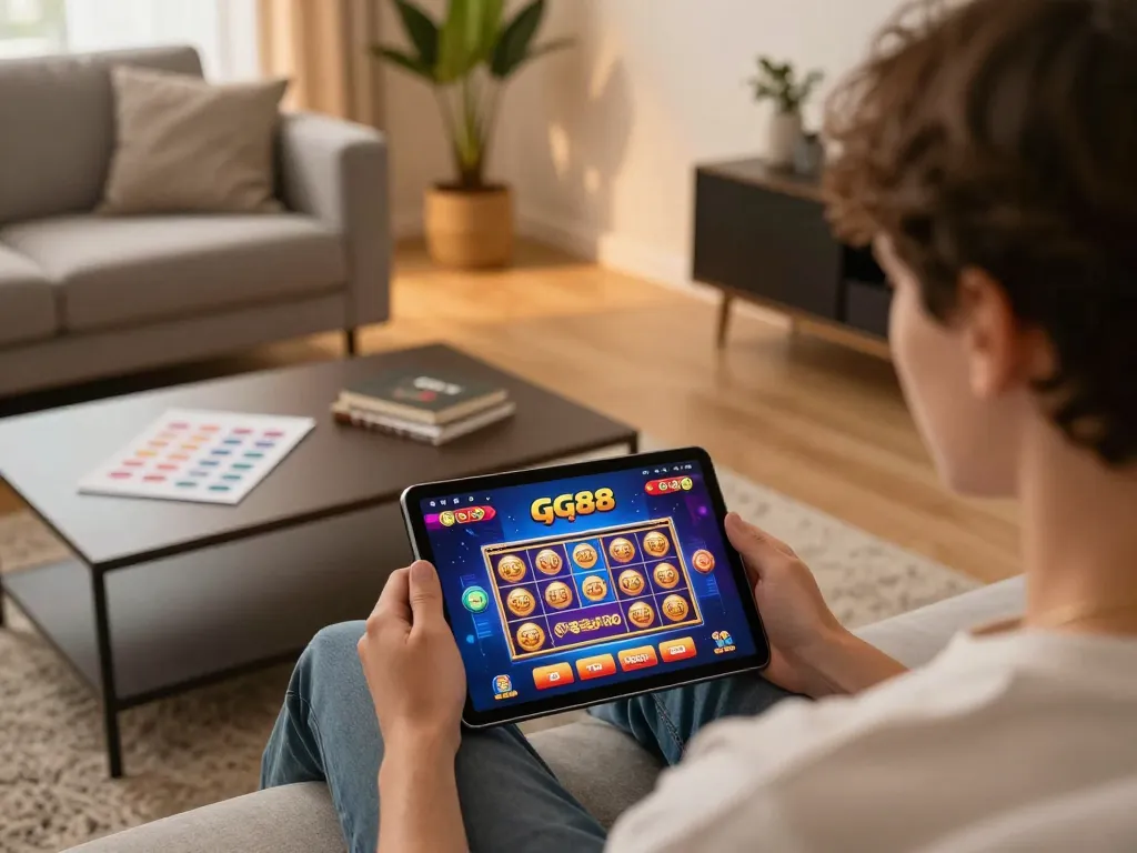 Player engaging with the gg88 casino app on tablet in a cozy home setting with warm lighting.