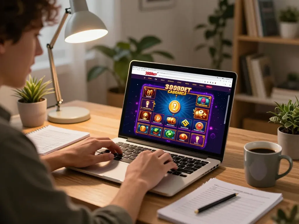 Excited person exploring games on 388bet website from cozy home office setup