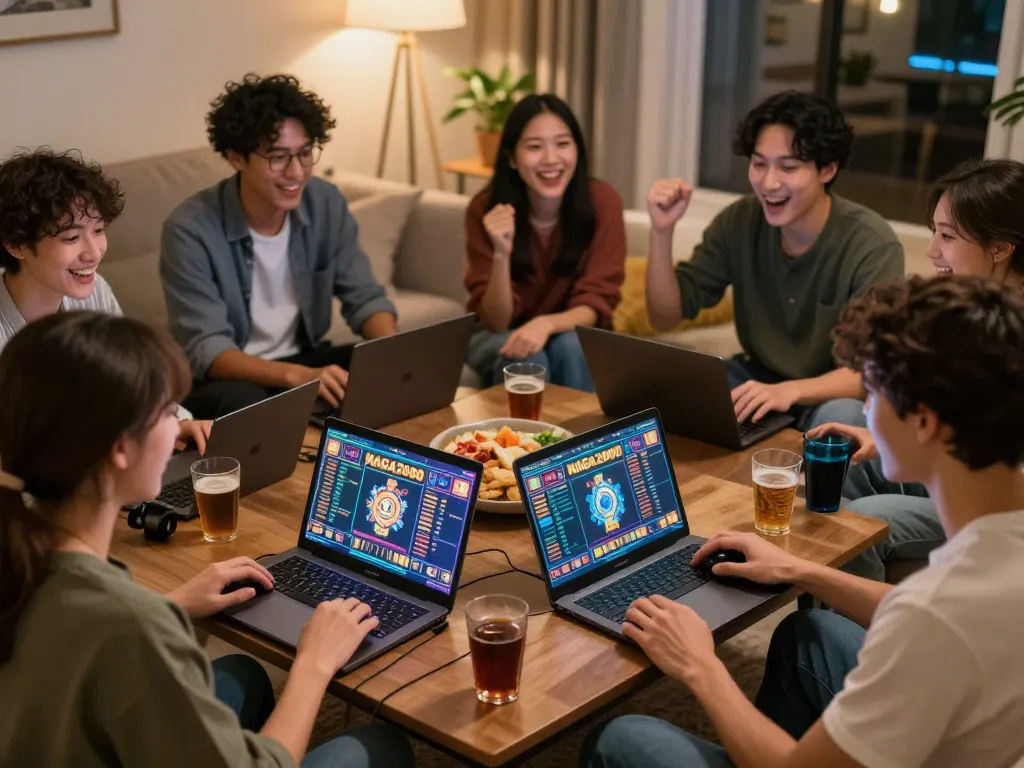 NAGA2000 players celebrating wins in a cozy home gaming environment.
