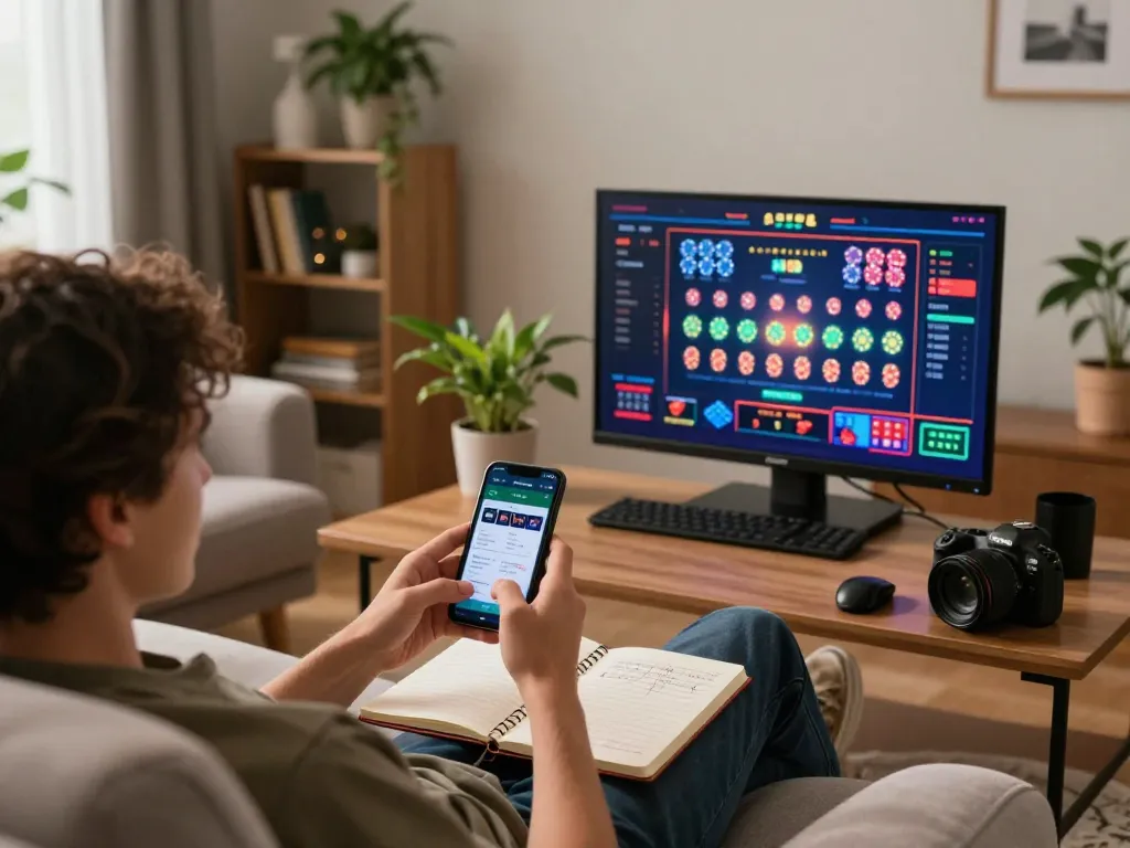 Bangsawan88gg player engaging with an online casino app in a cozy living room.