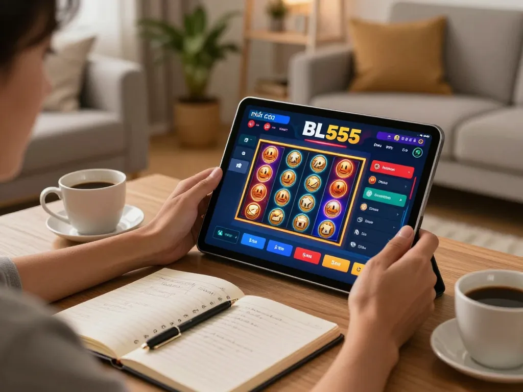 Person enjoying an online casino gaming session via nhà cái BL555, highlighting strategy notes and a tablet interface.
