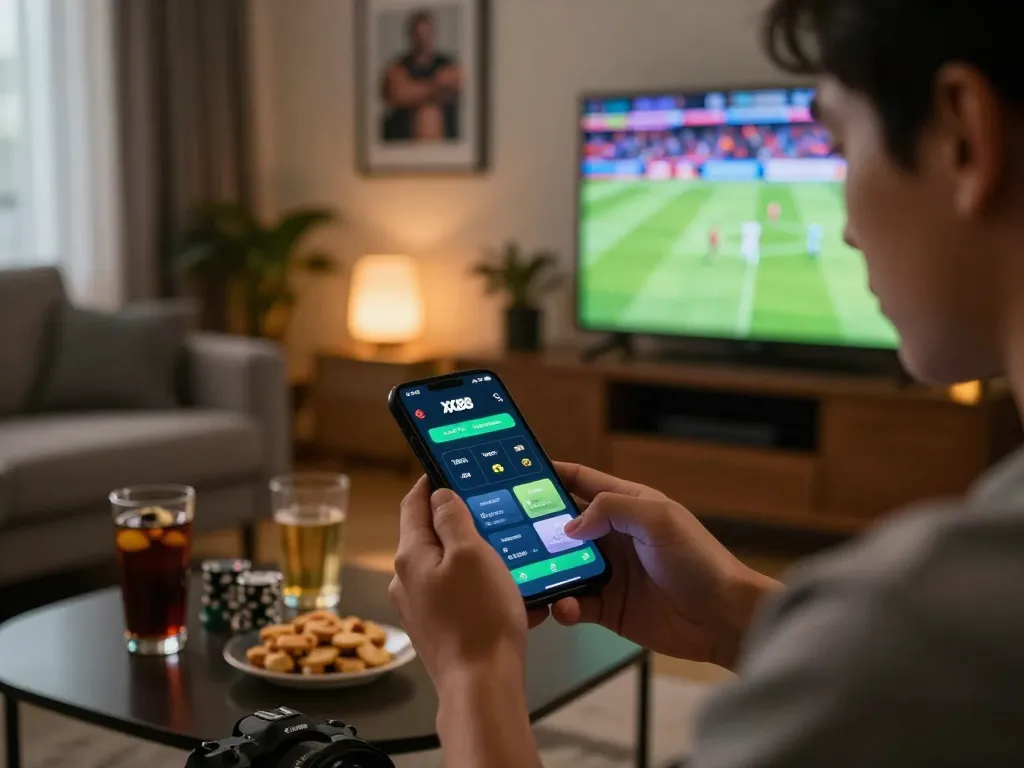 Engage with the XX88 betting app in an exciting home sports betting setup while watching live matches.