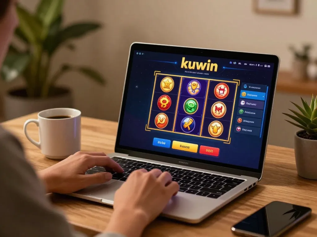 Person enjoying online kuwin gaming experience on laptop with vibrant slots displayed.
