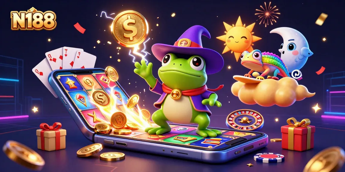 N188 engages players with thrilling casino games and vibrant characters in a magical golden scene.