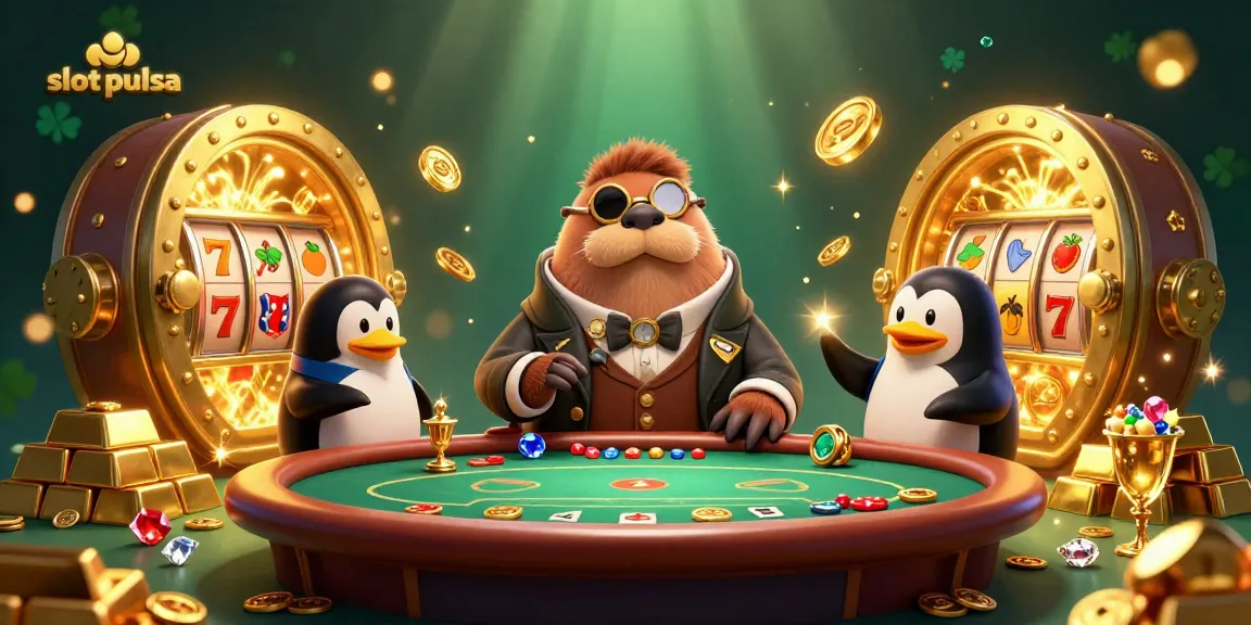 Engage in thrilling slot pulsa games with cartoon characters amidst vibrant treasures and gold secrecy.