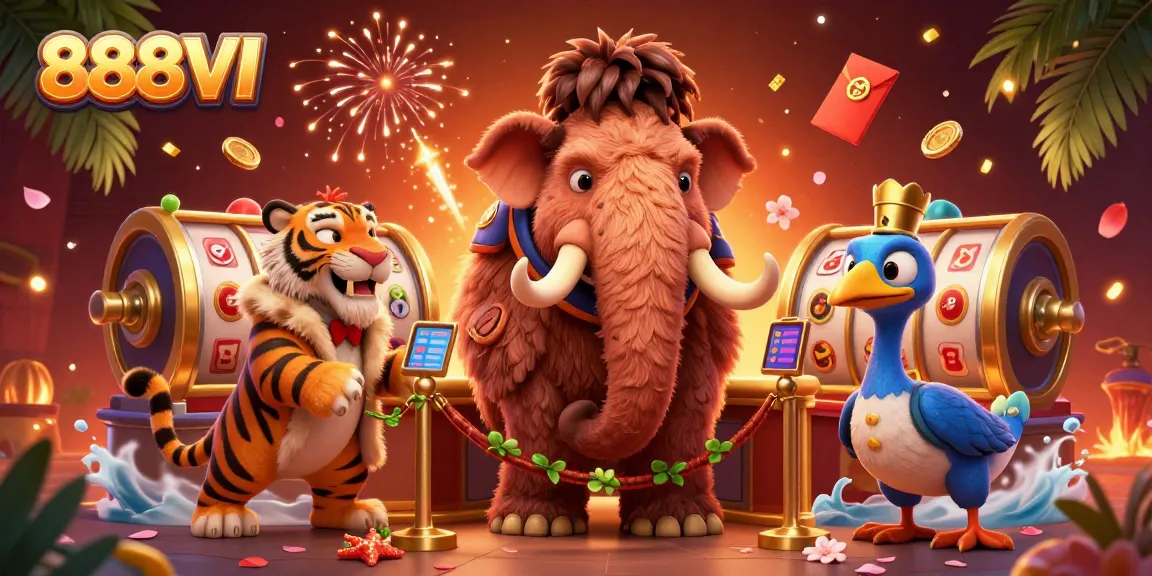 Experience the excitement of winning big at 888VI with a vibrant casino scene depicting characters and game elements.