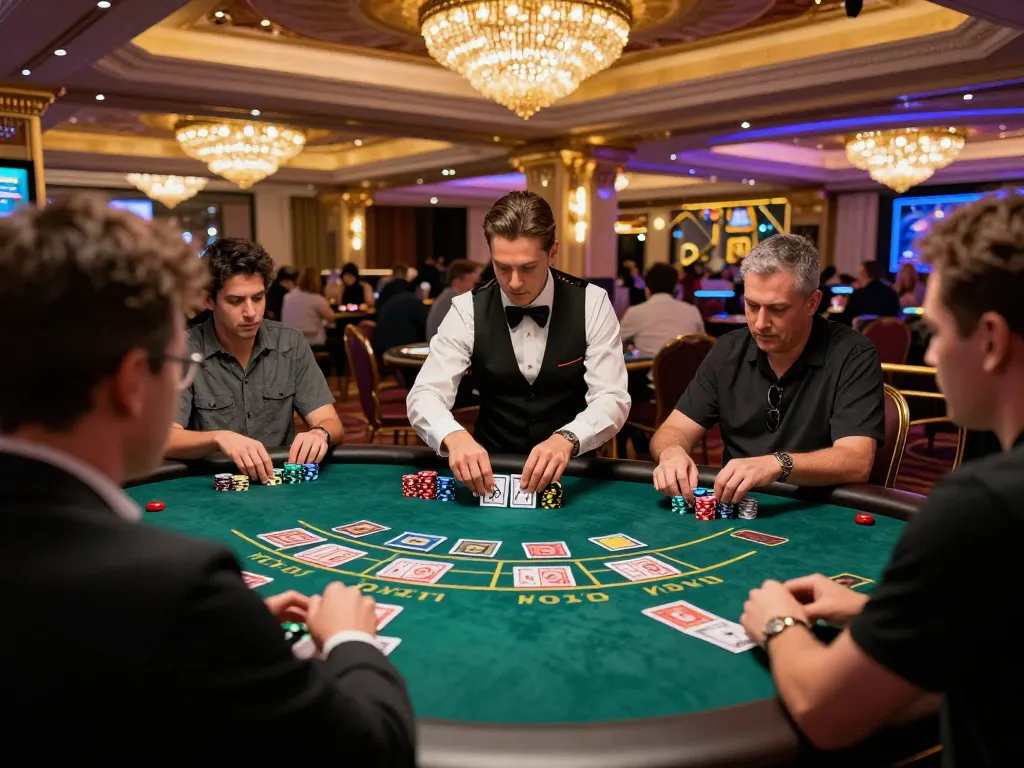 Players engage in an intense B52 blackjack game at a stylish Vegas casino table.