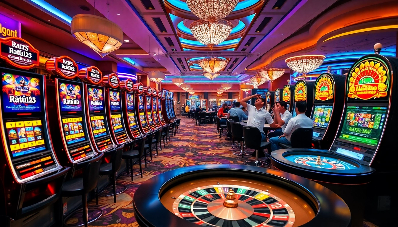 Rasakan sensasinya di Ratu123 dengan mesin slot yang penuh warna dan pemain-pemain yang merayakan kemenangan.