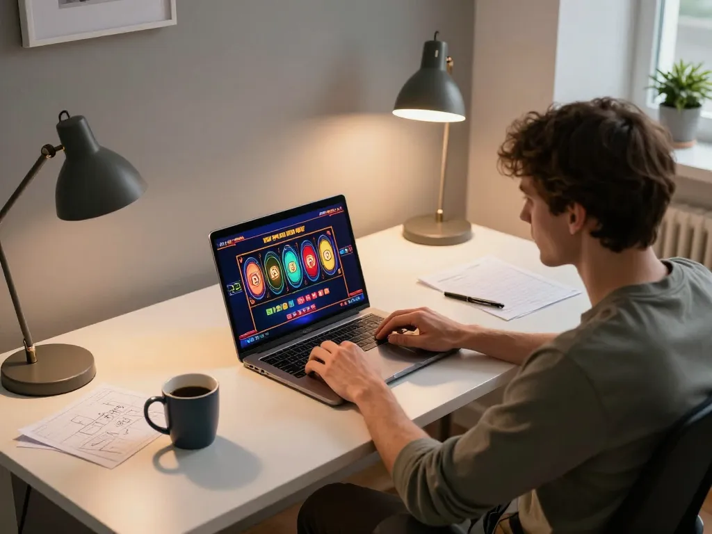 Engaging in a kdslot online game at home with cozy setup and strategy notes.