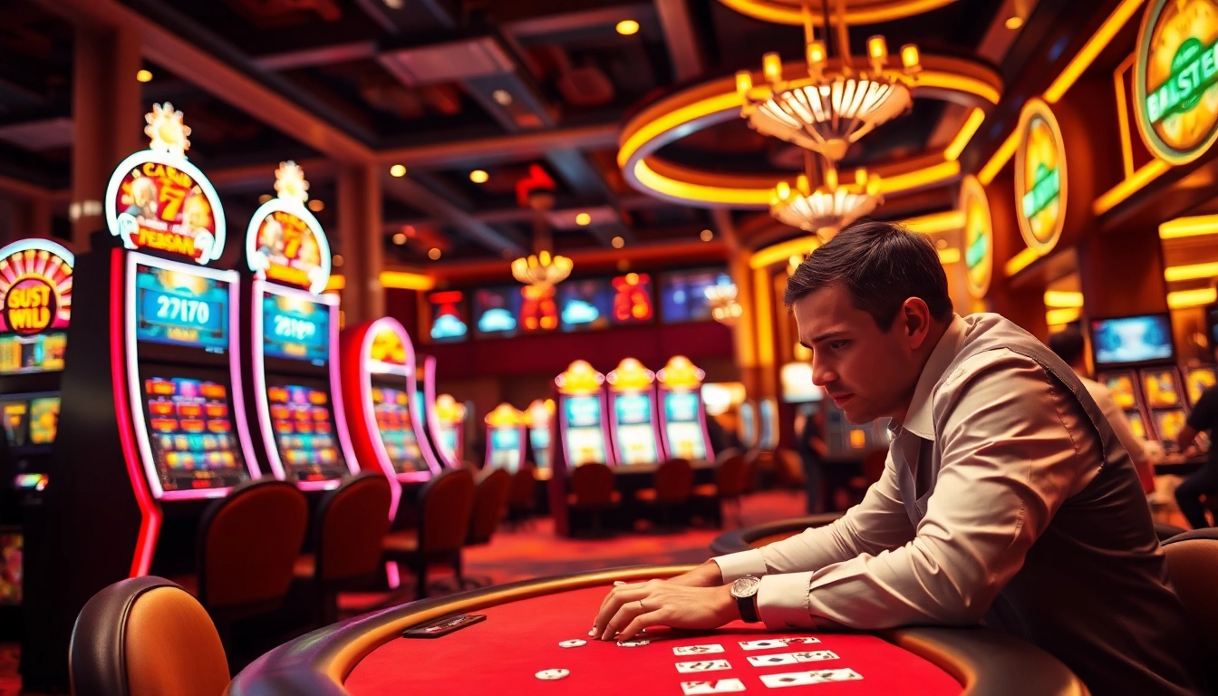 Menggambarkan suasana situs toto di casino dengan pemain poker yang fokus dan mesin slot.