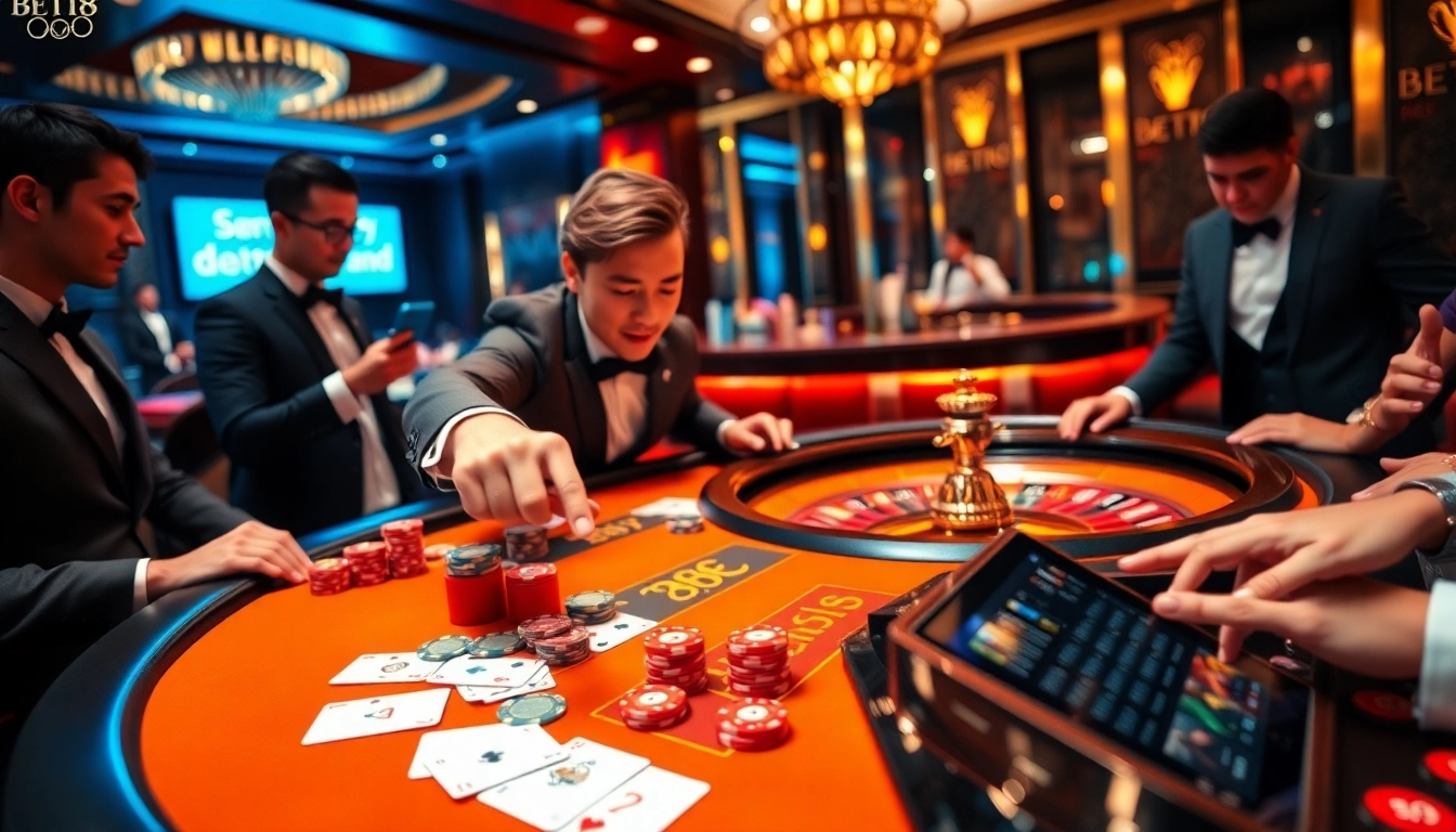 Excited players at a BET88 gaming table in a luxurious casino setting.