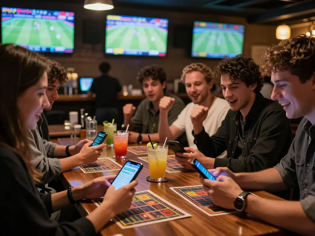 Patrons engaging with sports betting apps at a lively bar, showcasing nhà cái activities and excitement