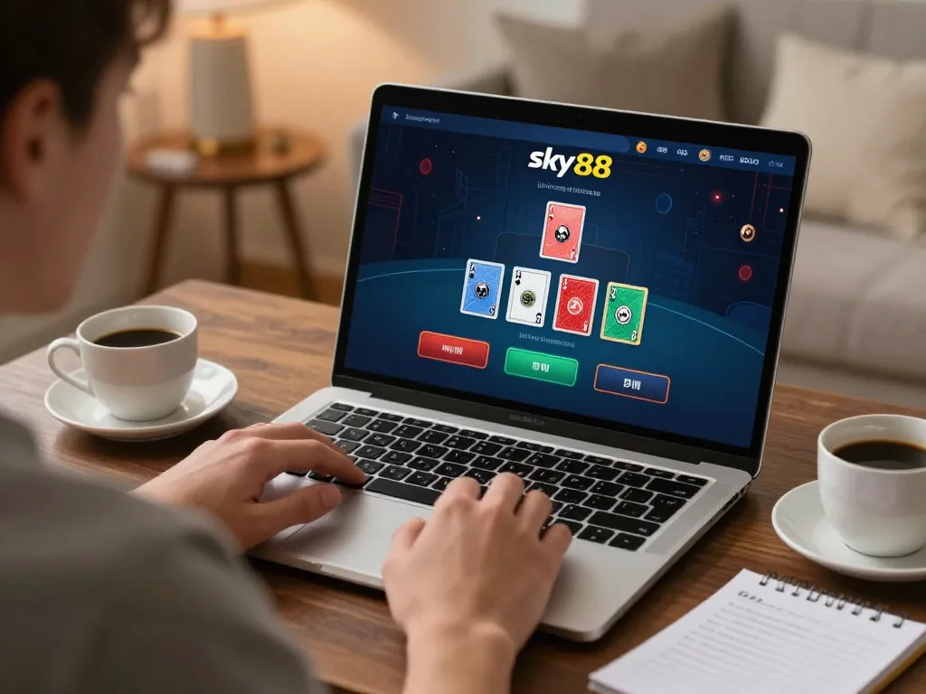 Player engaged in live dealer blackjack game on sky88, showcasing online gaming strategy in a warm home setting.