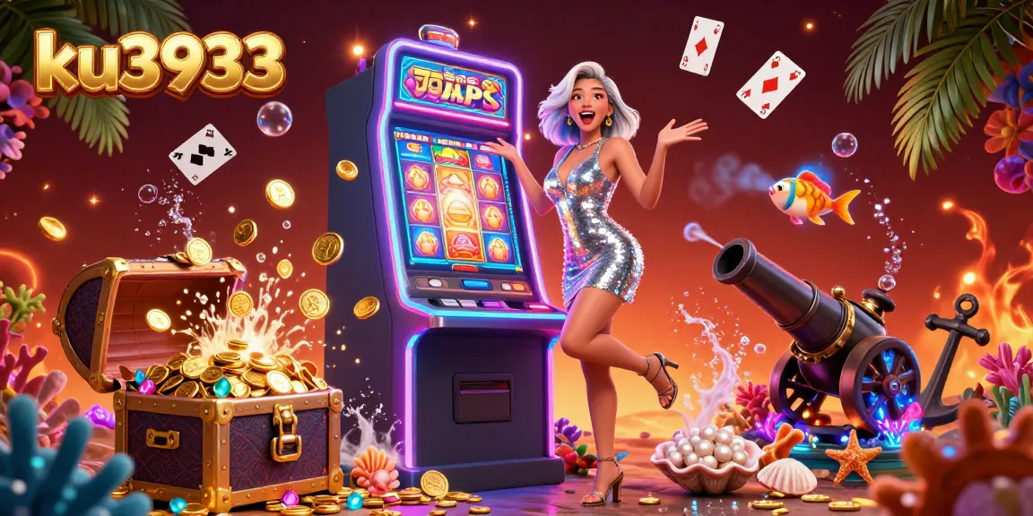 ku3933 celebrates wins by showcasing a stunning slot machine and gold coins in a vibrant casino scene