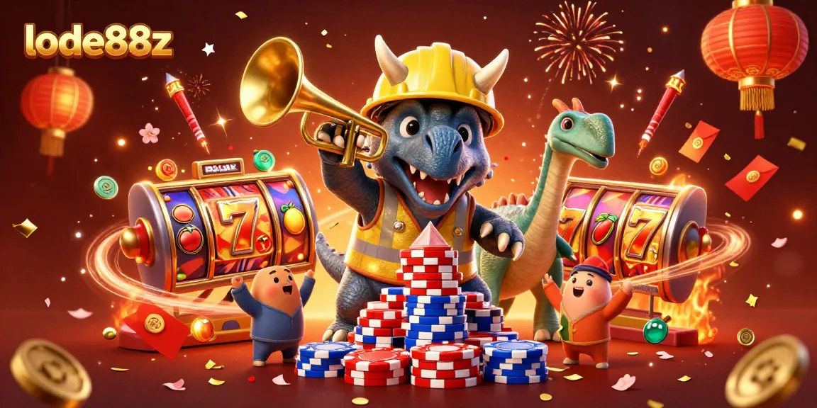 Join the celebration of lode88z with a vibrant 3D illustration of dinosaurs in a casino setting.