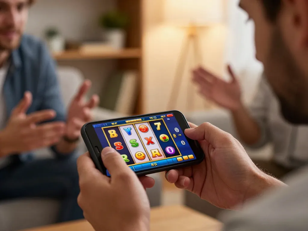 Engaging scene featuring a player using a smartphone to access link slot gacor, showcasing excitement in online gambling.