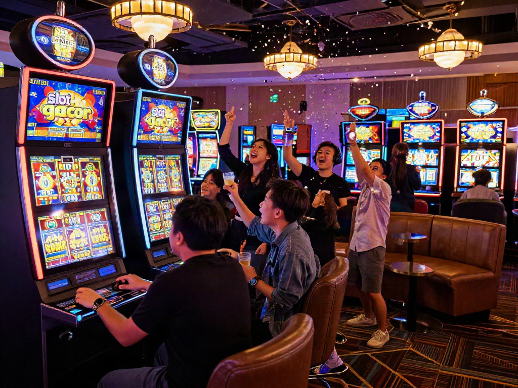 Exciting casino scene with friends around a slot gacor machine celebrating wins.