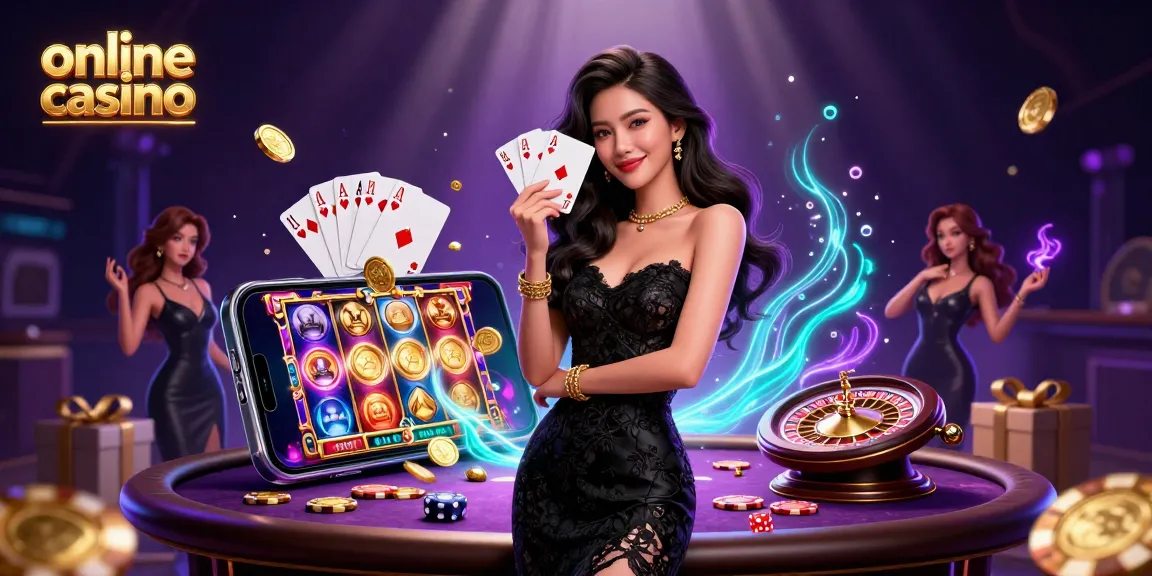 Engage in thrilling gameplay at an online casino with vibrant slot reels and winning cards.