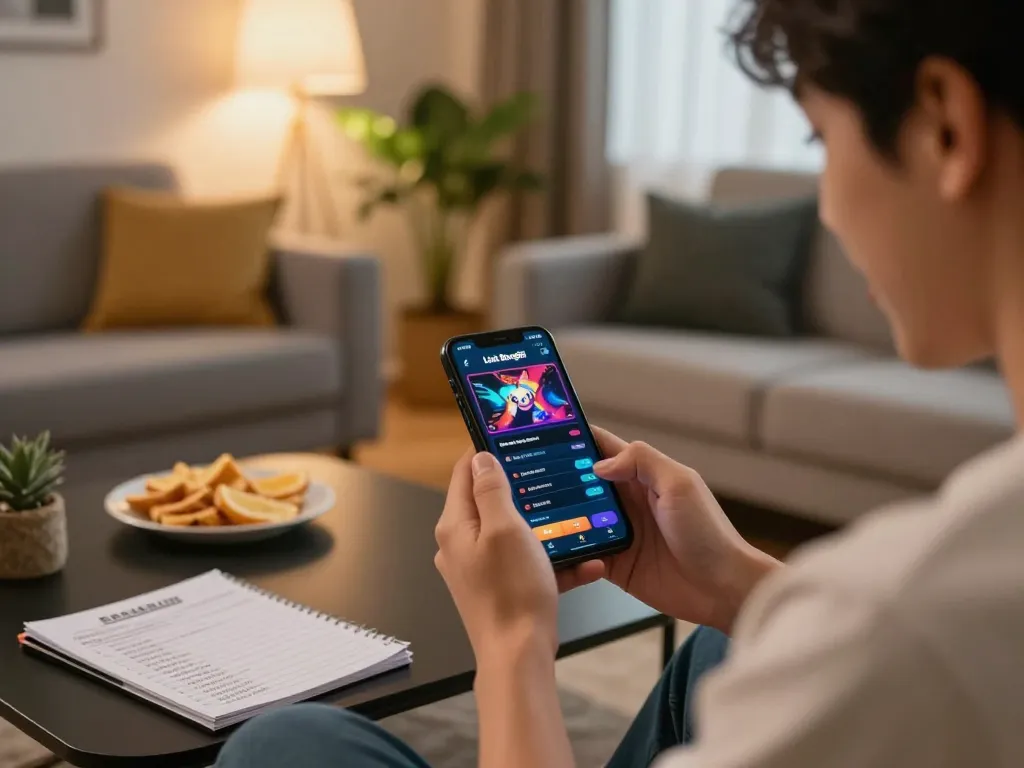 Engaging user interface of Link Bong88 displayed on a smartphone in a cozy home setting for online gambling.