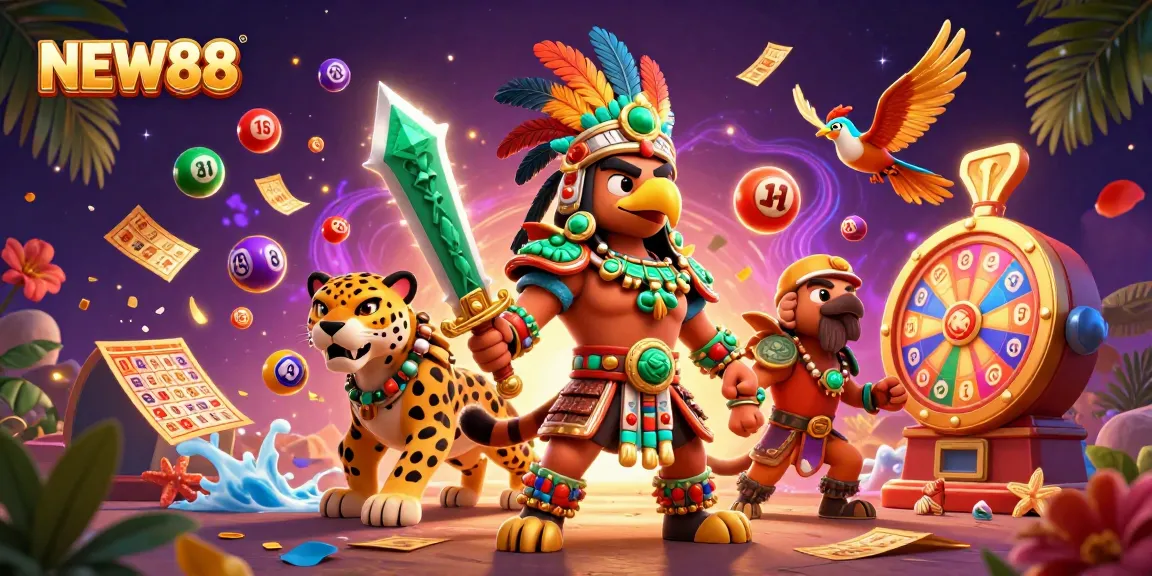 Immerse in the NEW88 gaming experience with vibrant lottery balls and captivating warriors.