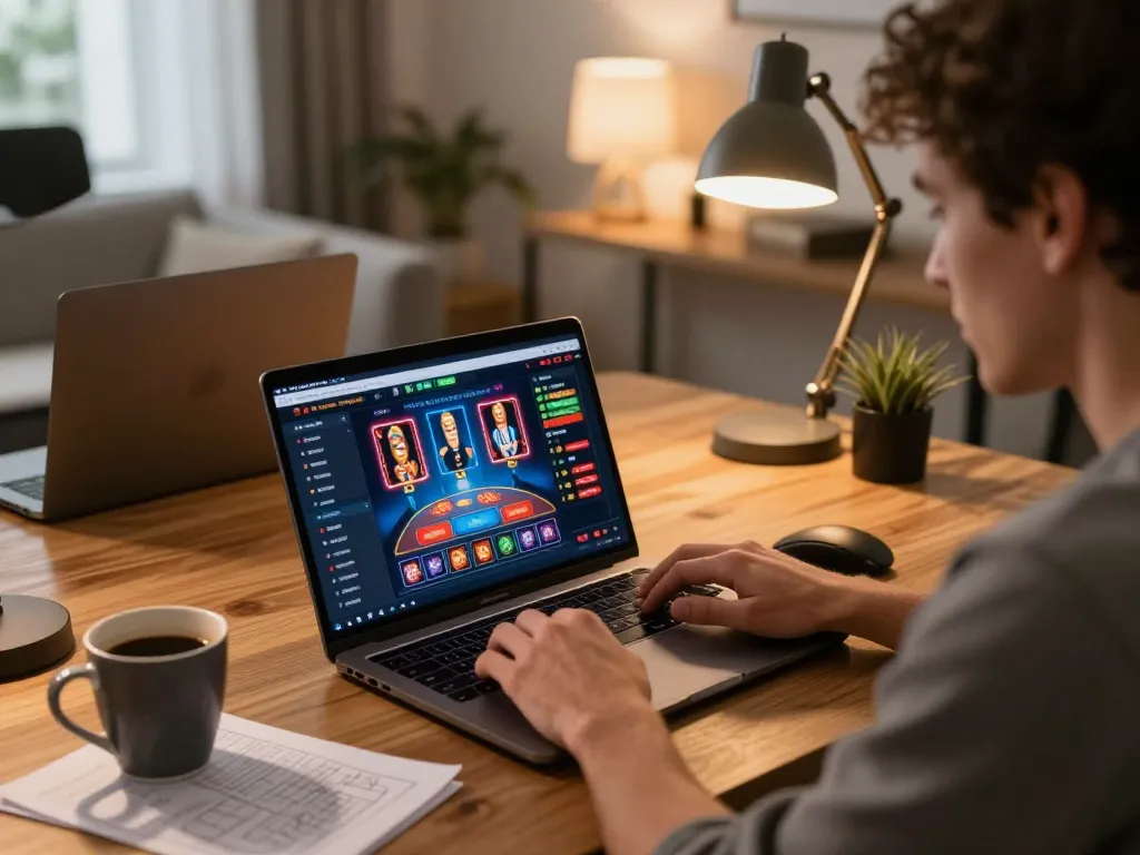 Engaging player on laptop at https://webnk88.net/ enjoying online casino gaming experience with poker interface.