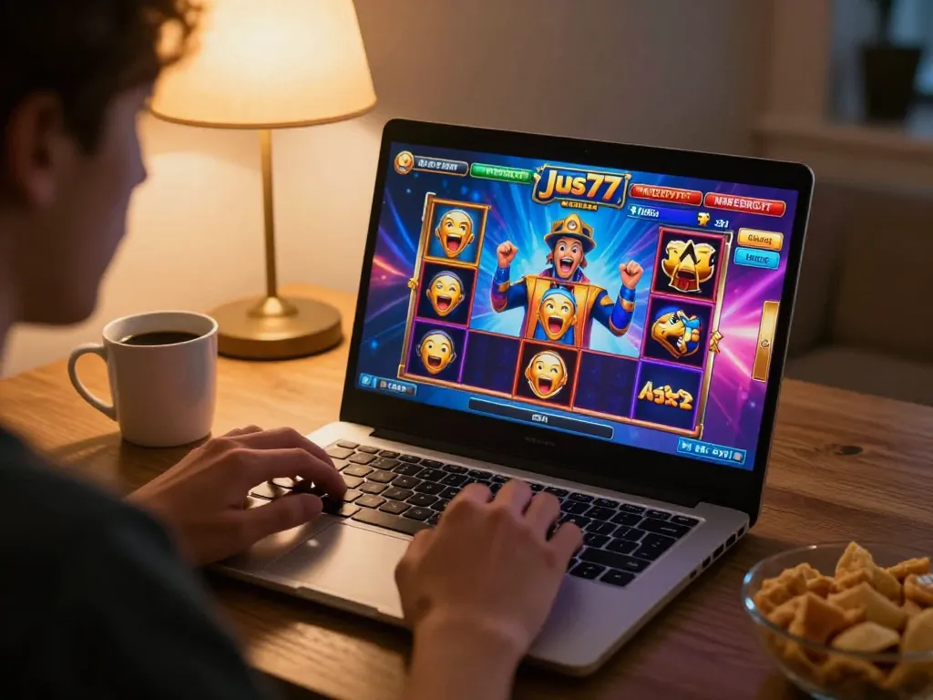 Pemain yang terlibat dengan permainan slot di jus77 dalam suasana rumah yang nyaman, menunjukkan pengalaman perjudian online yang dinamis.