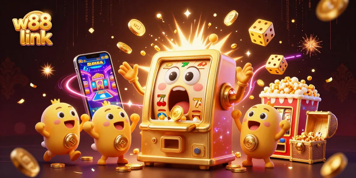 Experience the excitement of w88 link with vibrant slot machines and jackpot celebrations in a playful casino scene.