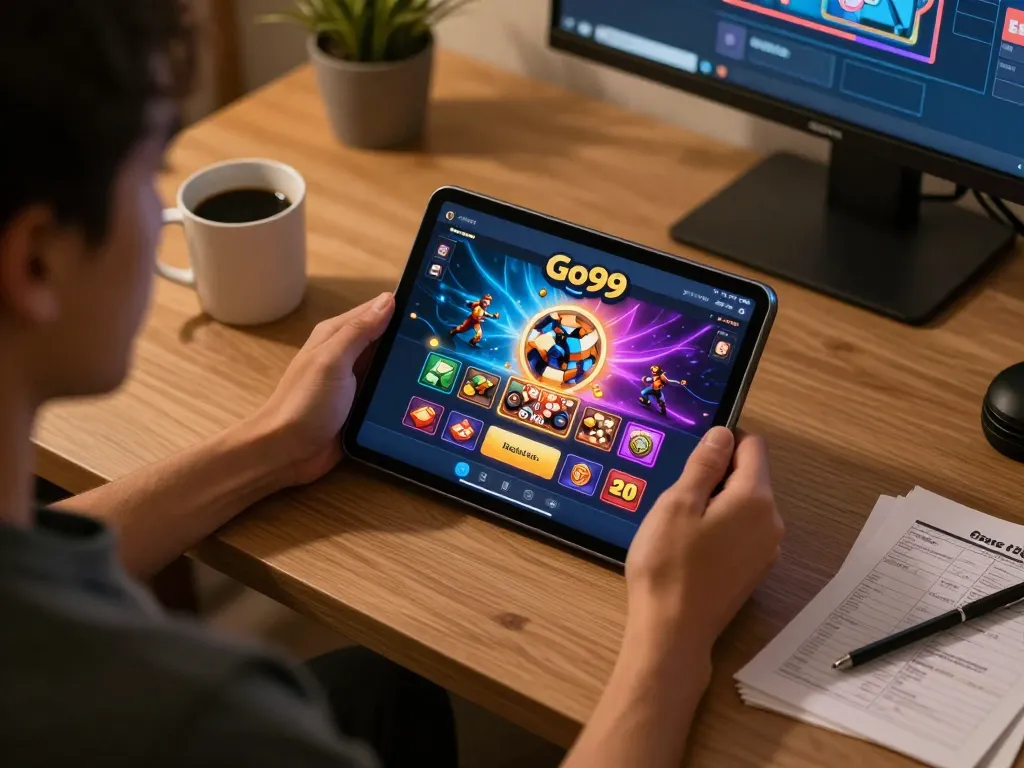 Player enjoying Go99 casino app on a tablet in a cozy home setting