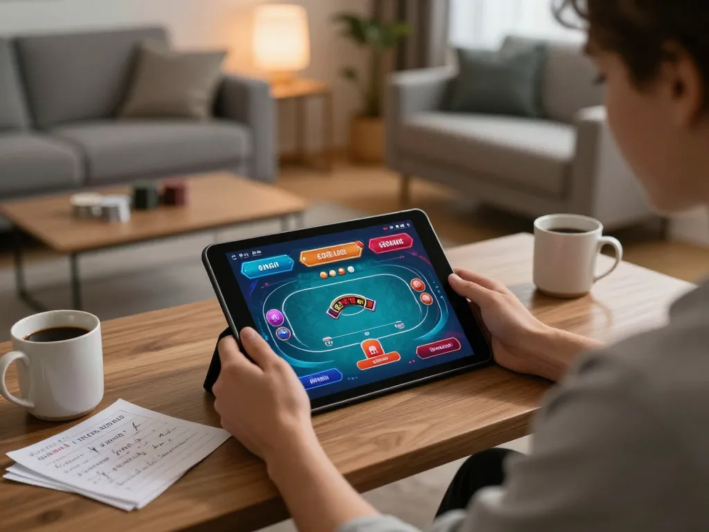 Player engaging with TR88 online casino gaming on tablet, showcasing strategic gameplay.
