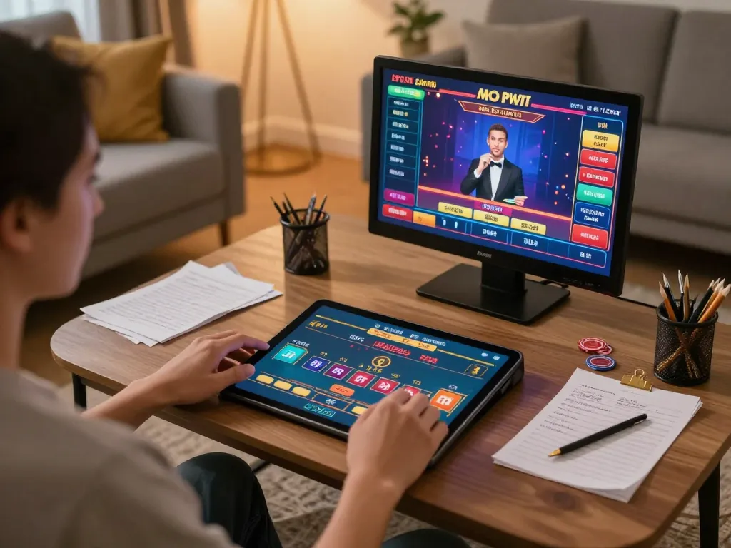 Player strategizing on xo88 online casino, engaging with live dealer in cozy home setup.