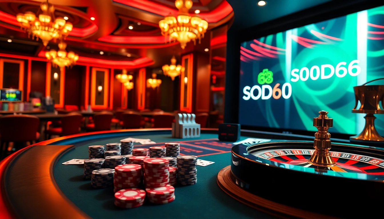 Experience the thrill of SODO66 with a vibrant casino scene featuring poker chips and a roulette wheel.
