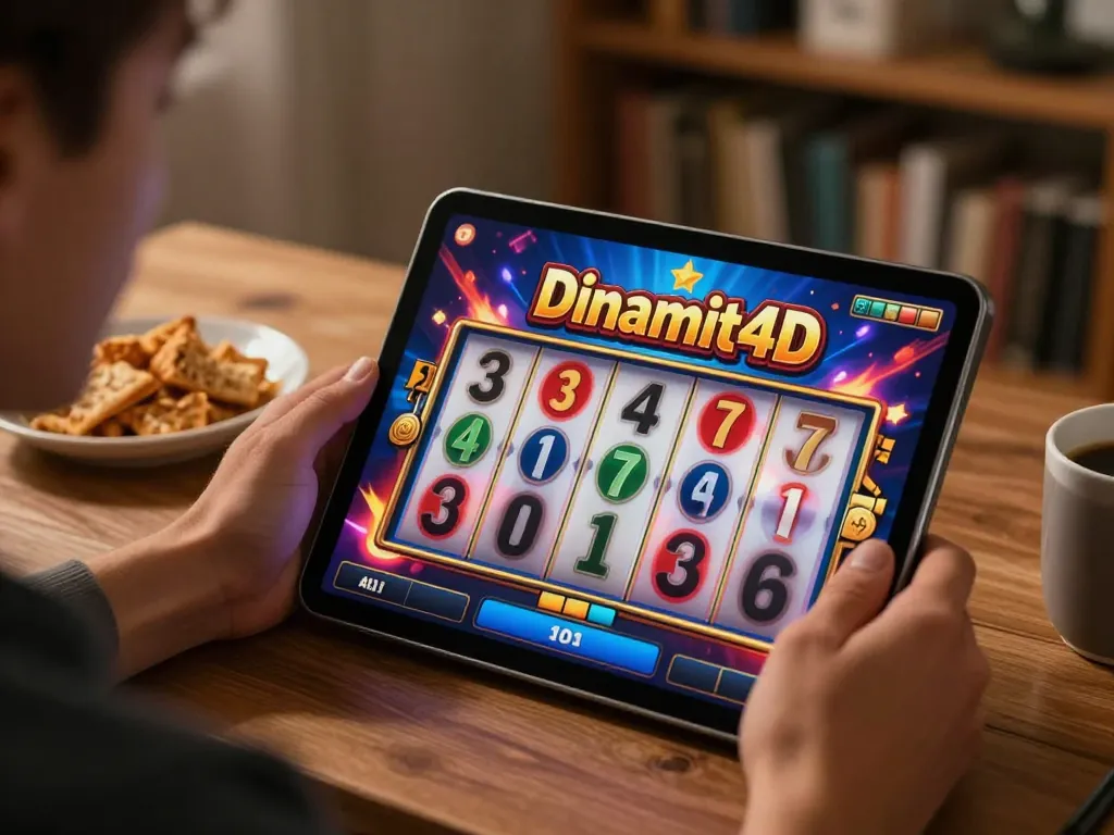Engaging with Dinamit4D mobile slots while celebrating wins in a cozy home office.