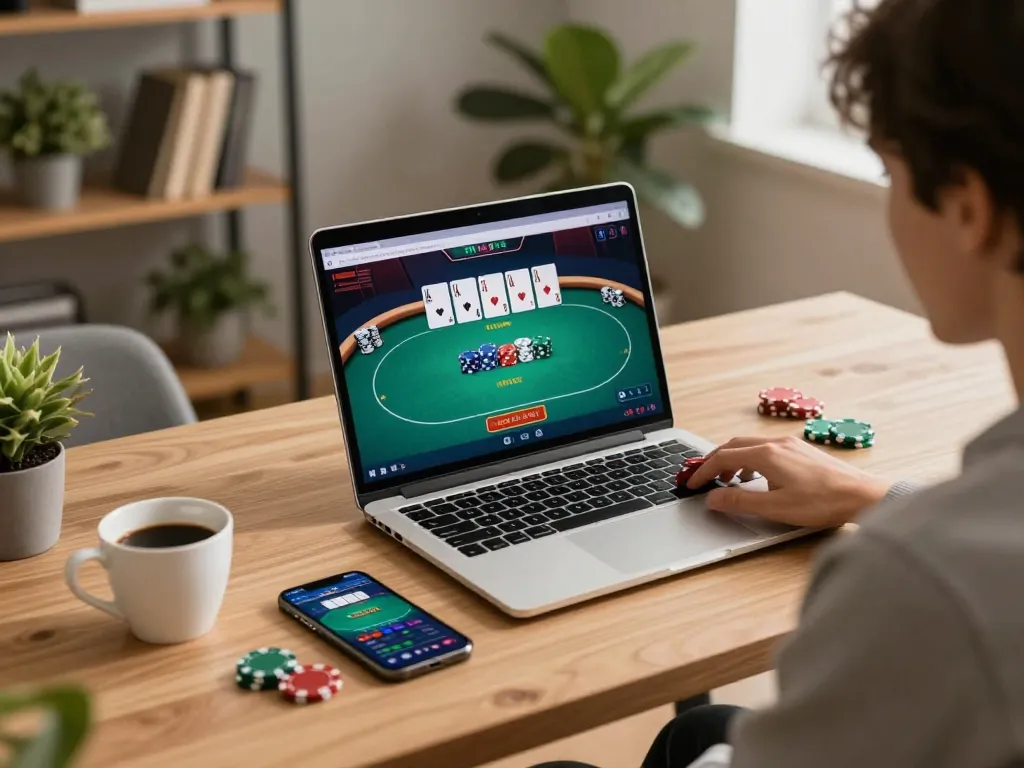 Engaging in a strategic poker game on a laptop while sipping coffee, featuring BOTUNA555 in action.