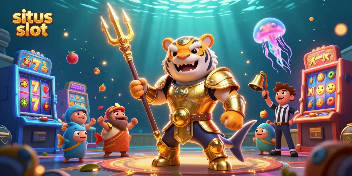 Swing into action at situs slot with vibrant slot machines and a fierce golden gladiator shark.