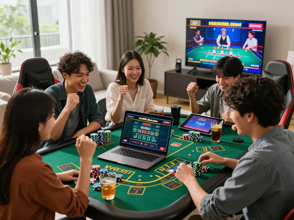 An engaging live casino gaming session at https://xx88jp.com/ with friends enjoying vivid interactions and cheering for big wins.