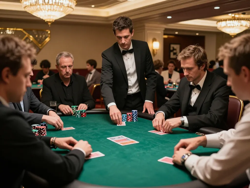 FABET11 players strategizing in high-stakes poker game at luxurious casino.