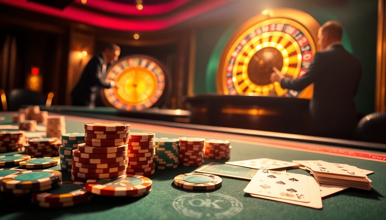 Engaged players enjoying an exciting game at OKFUN casino with vibrant roulette wheels and poker chips.
