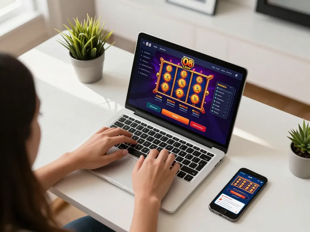 Engaging gameplay at O8 Casino, showcasing a laptop with vibrant gaming interface and dynamic betting activity