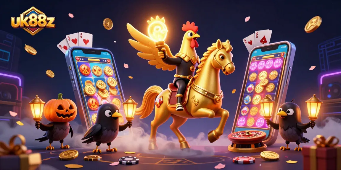 Spin and win with uk88z in a vibrant casino scene showcasing golden rooster and immersive slot games.