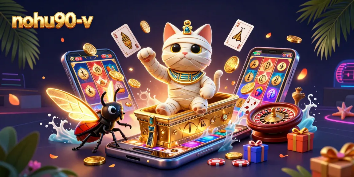 Experience an exciting jackpot with nohu90-v featuring a cartoon mummy cat and vibrant slot game elements.