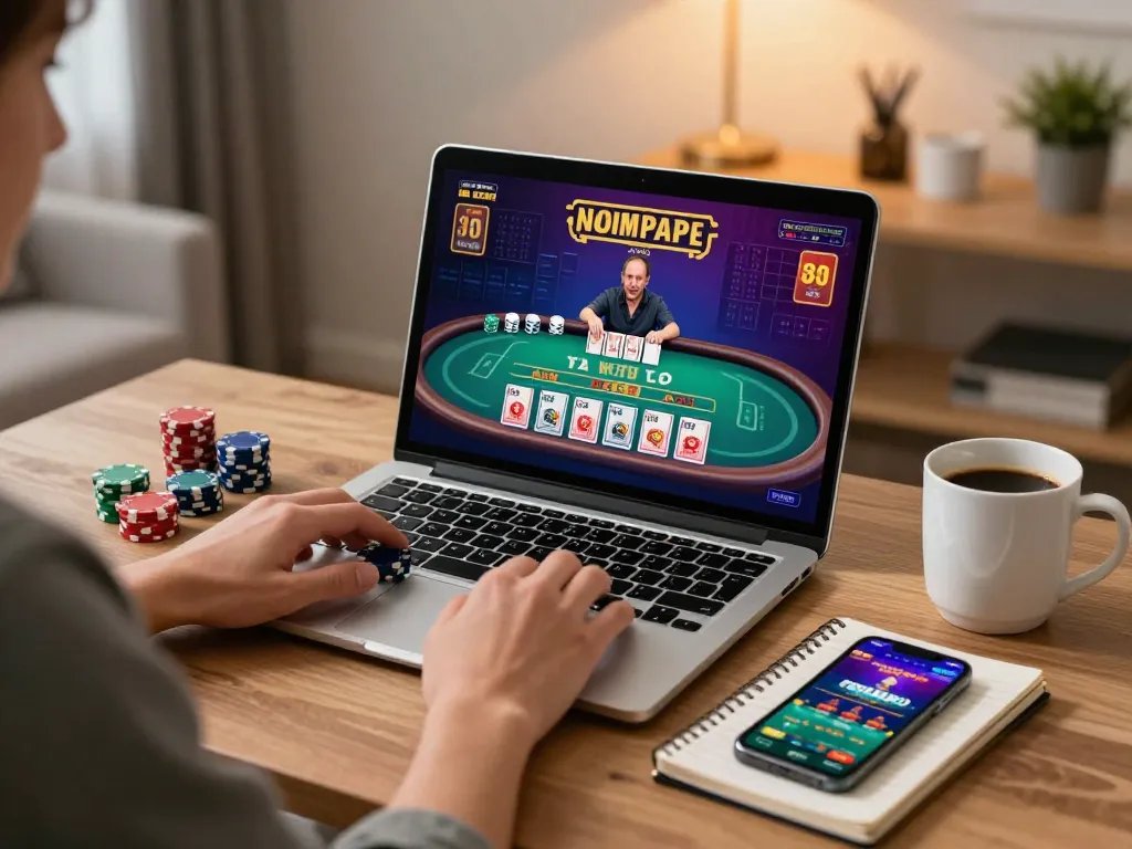 Casino gaming at home with a player engaging in live dealer games on a laptop.