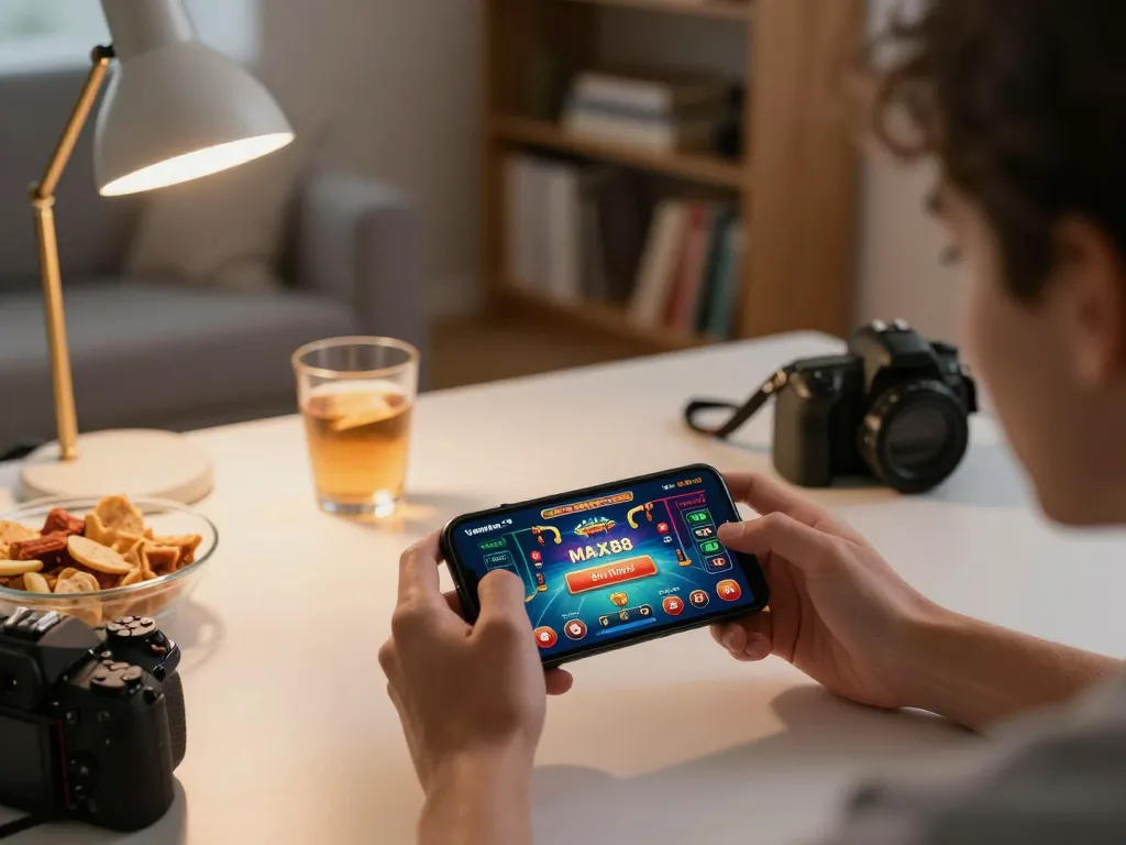 Engaging with the MAX88 mobile app on a cozy gaming setup, capturing the excitement of online betting.