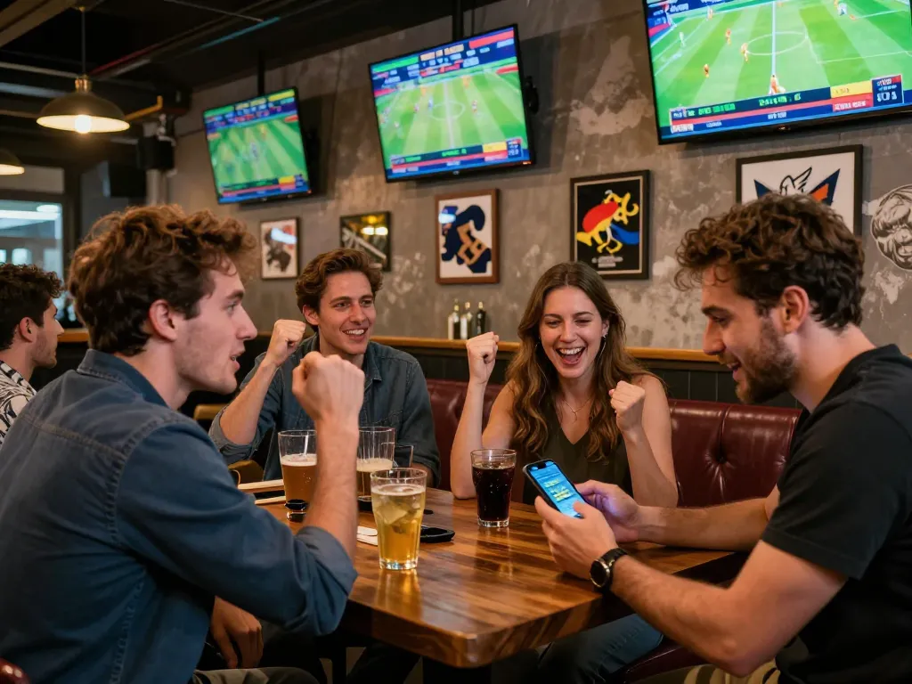 Friends enjoying a sports betting experience at MM88.COM, analyzing odds on smartphones.