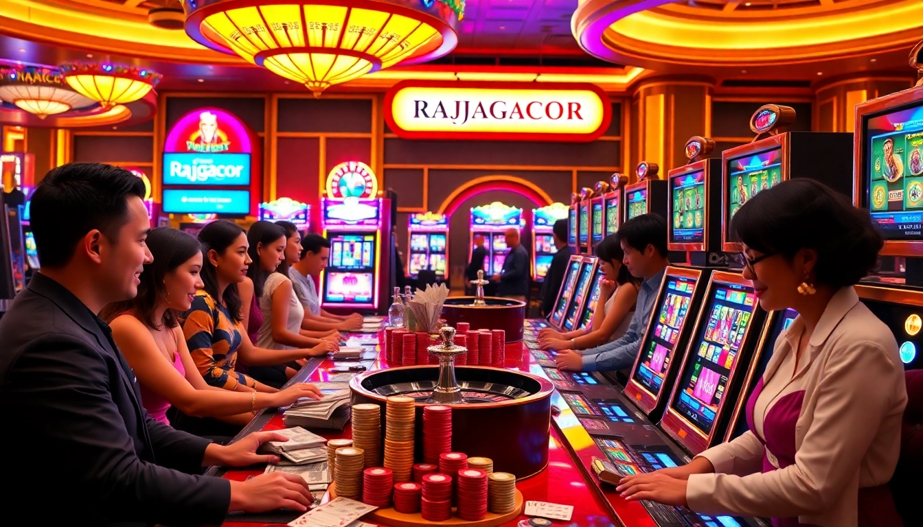 Experience engaging gameplay at RAJAGACOR's slot machines with vibrant graphics and enthusiastic players.