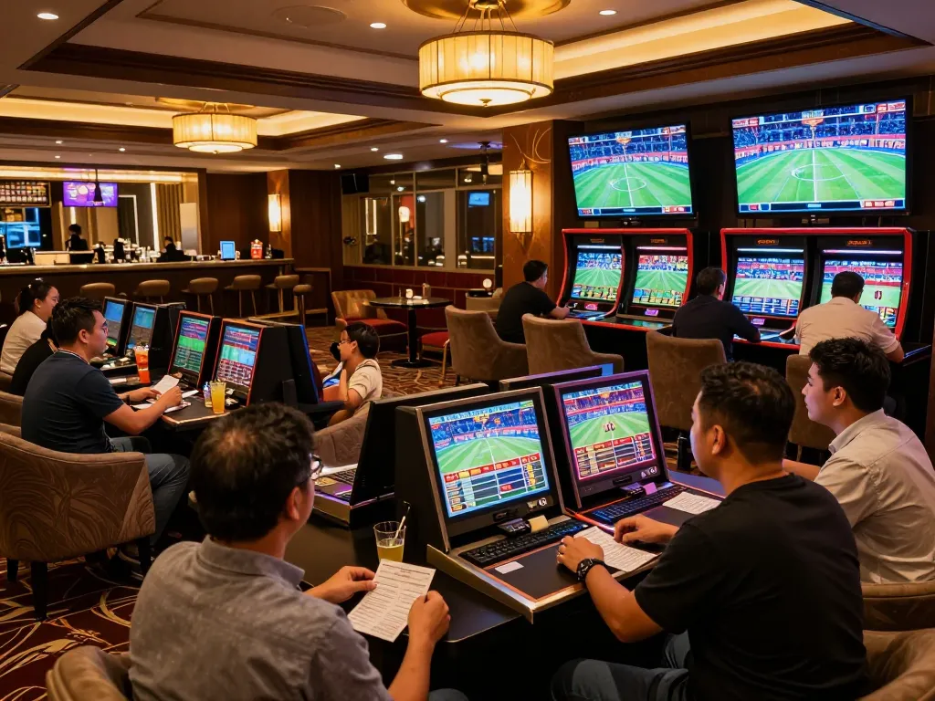 Patrons placing bets and enjoying live sports at RR88's exclusive betting lounge.